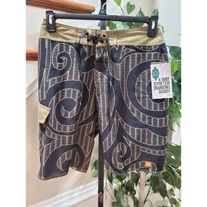 Quicksilver Men Beige & Black Polyester Pull On Stretch Swimwear Shorts Size 32